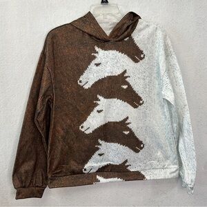 Horse Hoodie Brown‎ & White Long Sleeve Size Medium Unbranded Faux Knit Unisex